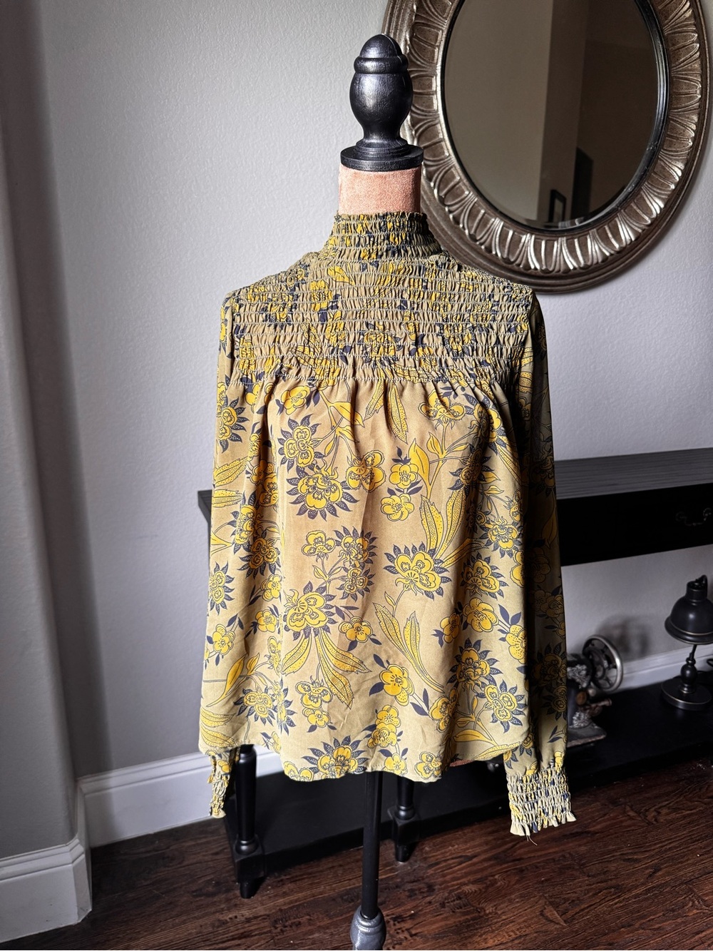 Smocked High-Neck Floral Blouse